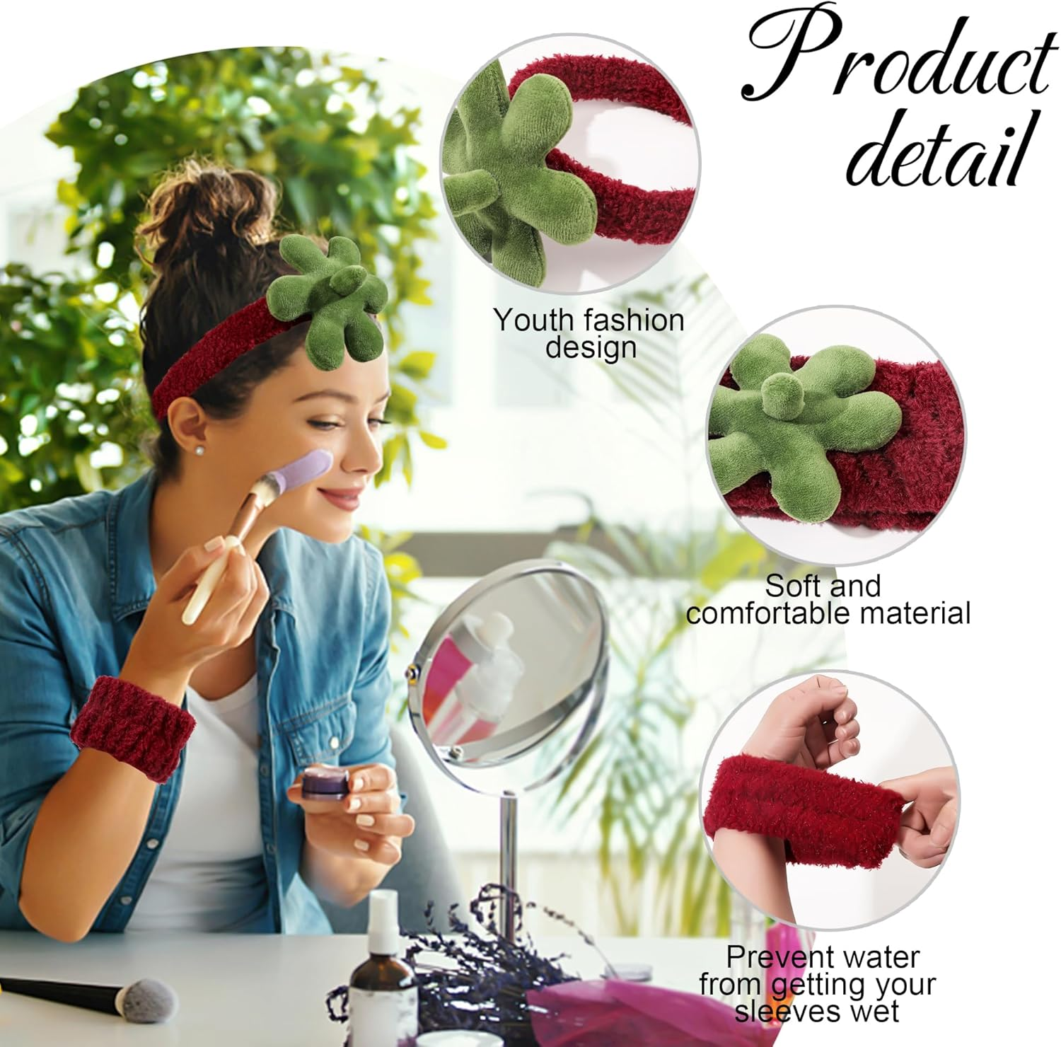 Ivyu Spa Skincare Headbands& Wristband Set，Cute Strawberry Makeup Headband for Women Girls,Non Slip Sponge Headband，Skincare-Padded Soft Thick Terry Cloth Hair Band Accessory.