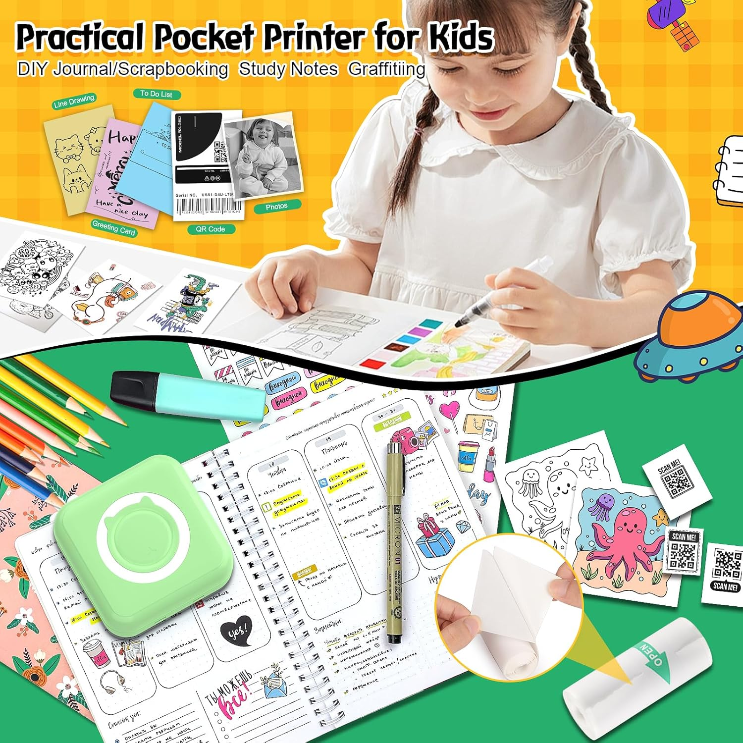 QYCHHJ Mini Printer for Iphone/Android/Tablet, Bluetooth Mini Thermal Printer Portable with 8 Rolls Thermal Paper, Inkless Sticker Printer for Study Notes Journal Memo Photo Picture, Green image number 5