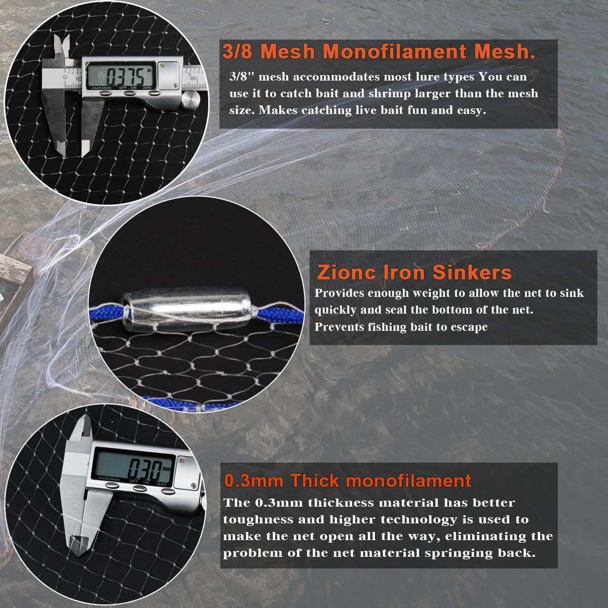 Drasry Saltwater American Fishing Cast Net 3/8Inch Mesh Size for Bait Trap Fish Heavy Duty Throw Net 4FT/5FT/6FT/7FT/8FT/9FT/10FT Radius Size image number 1