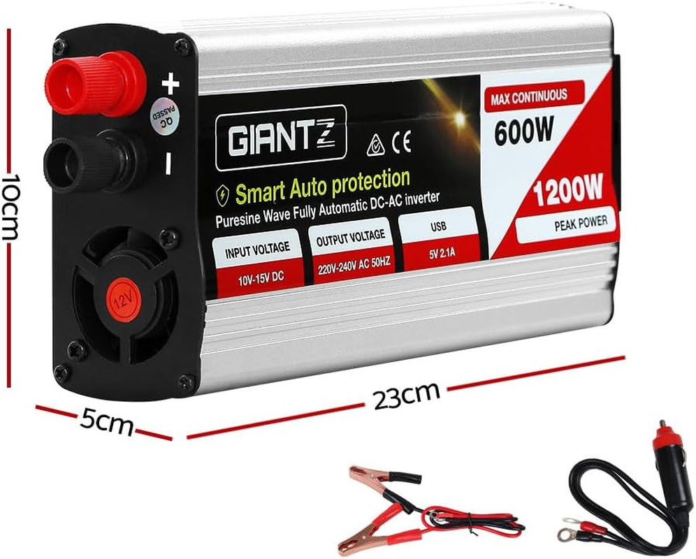 Giantz Power Inverter, 600W/1200W 12V to 240V Electric Portable Pure Sine Wave Inverters Adapter Convertor Camping Car Boat Caravan Laptop Accessories, Convenient USB Output Silver image number 6