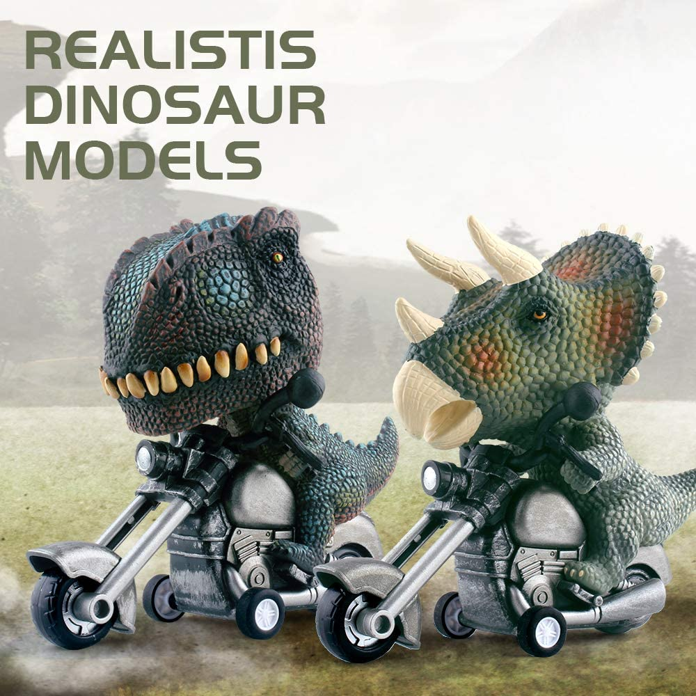 DINOBROS Dinosaur Toy Cars 2 Pack Friction Powered Motorcycle Game T-Rex and Triceratops Monster Dino Toys for Boys Age 3,4,5,6,7 image number 1