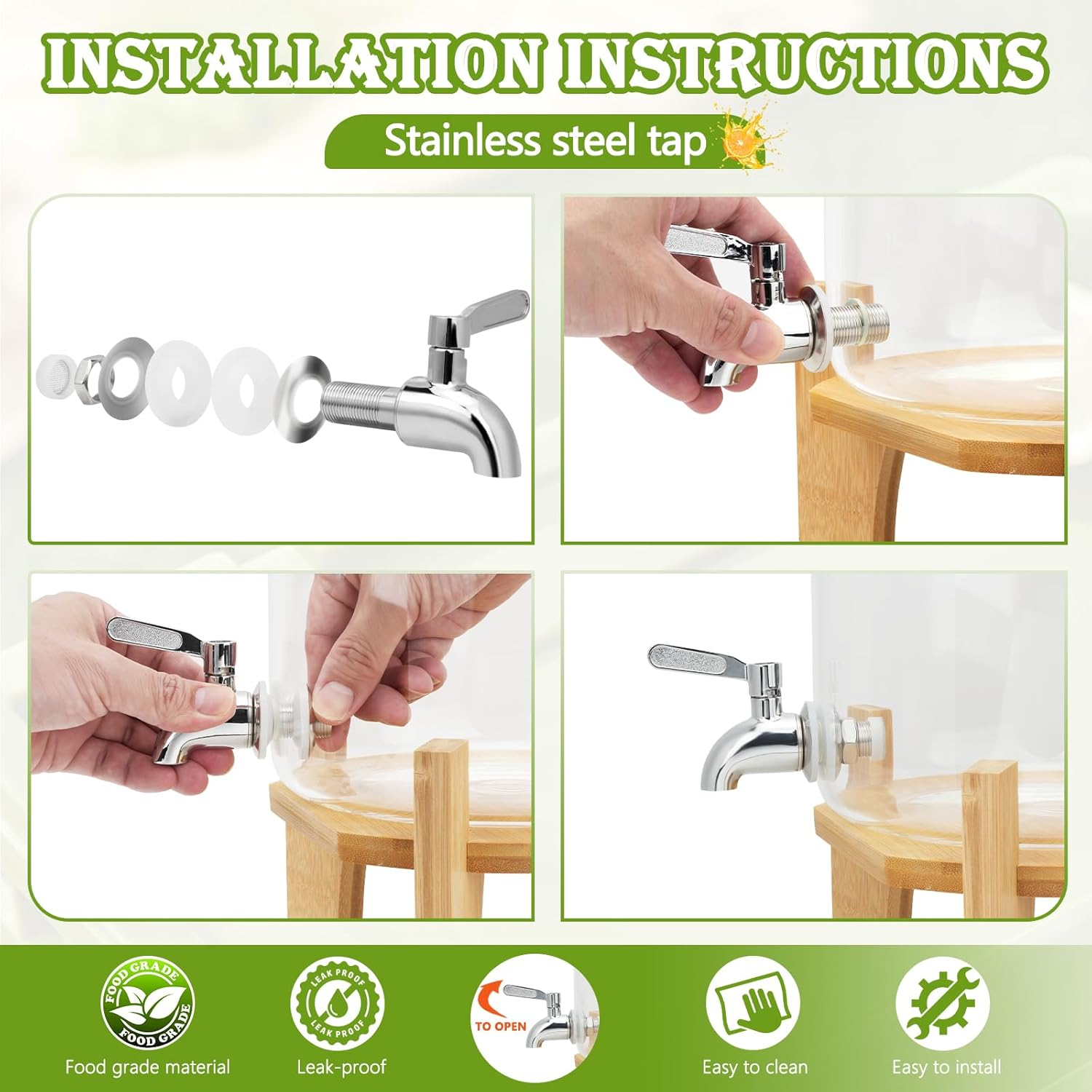 8L Glass Drink Dispenser with Cover Wide Mouth Iced Drink Jar with Tap Iron Holder, for Juice Water Homemade Tea Drinks (8L Glass with Bamboo Stand) image number 3