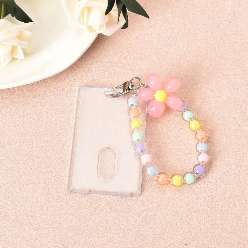Kpop Photo Card Holders Keychains Acrylic Coloful Beads Flower Pendant Transparent ID Card Sleeves Protector for School Bus Work Card Holders for Women Photocard Holder image number 4