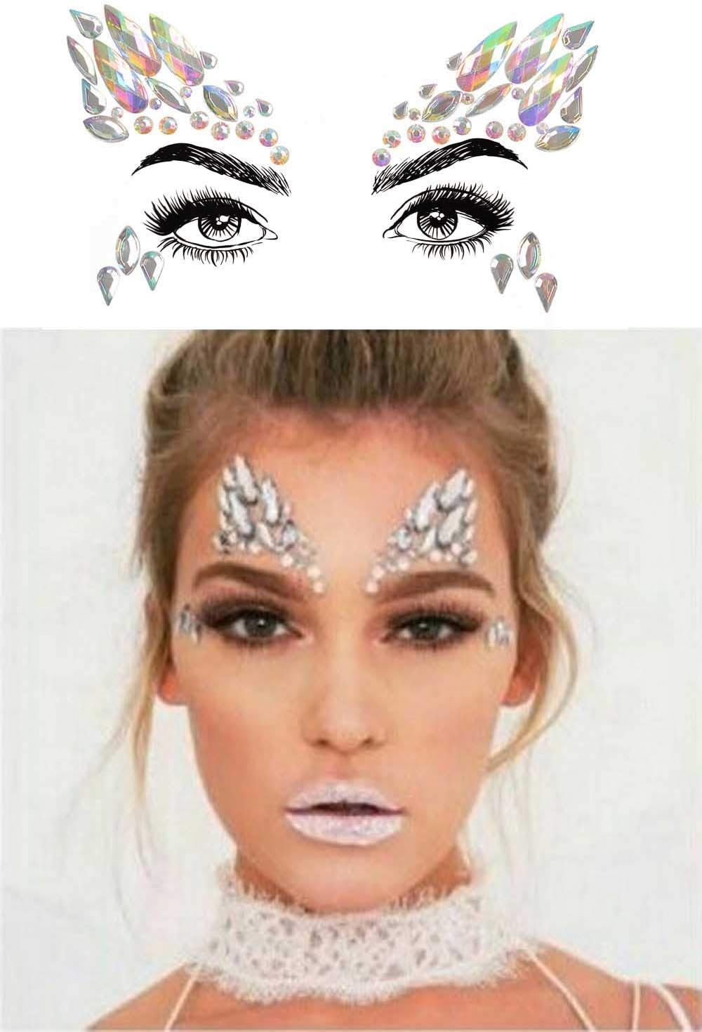 6 Sets Festival Rhinestones Rave Mermaid Face Jewel Tattoo - Tears Gems Rainbow Crystal Rocks Bindi Body Temporary Stones Stickers (Collection 2) image number 3