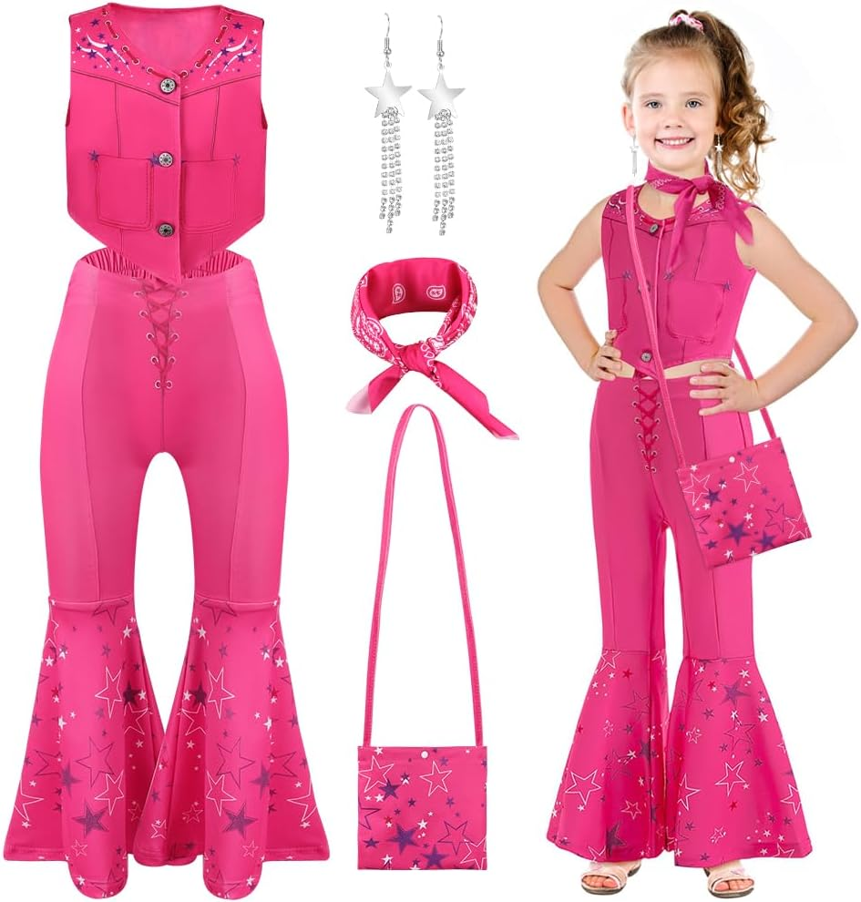 AUTOWT Girls Cowgirl Costume, 5 Pieces Movie Heroine Doll Cosplay Pink Cowgirl Outfit, 1970S 80S Hippie Disco Dress up with Pink Tank Top, Flared Pants, Earrings, Scarf Bag for Halloween Cosplay Party image number 4
