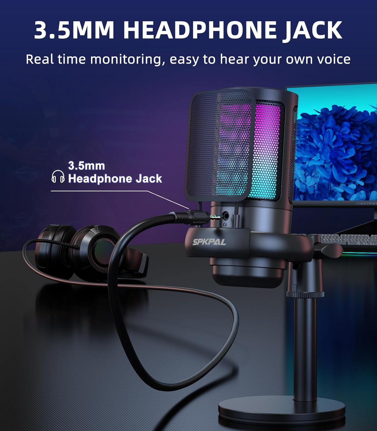 SPKPAL USB Microphone PC, RGB Gaming Mic with Mute Button, Condenser Microphone with Gain Knob & Monitoring Jack for Recording, Streaming, Podcasting image number 3