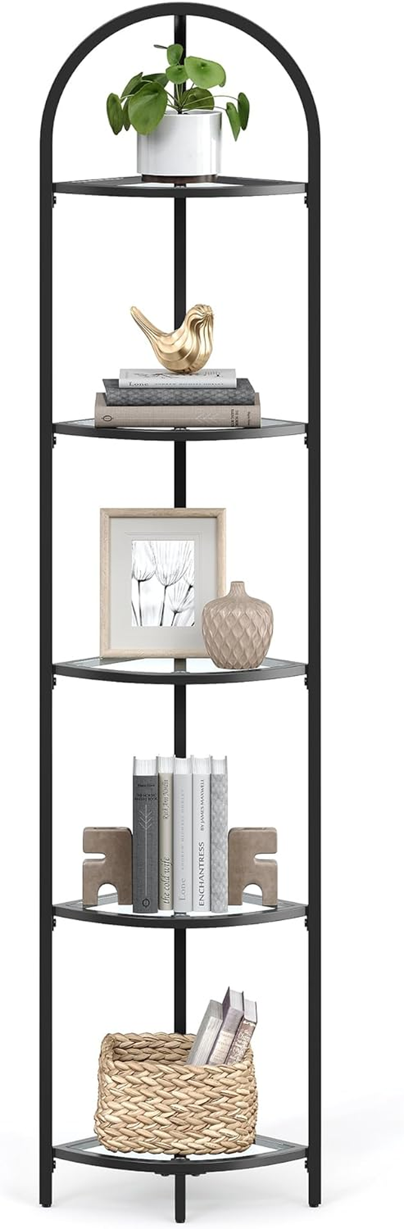 VASAGLE 5 Tier Corner Ladder Bookshelf Tempered Glass Modern Style Golden Color