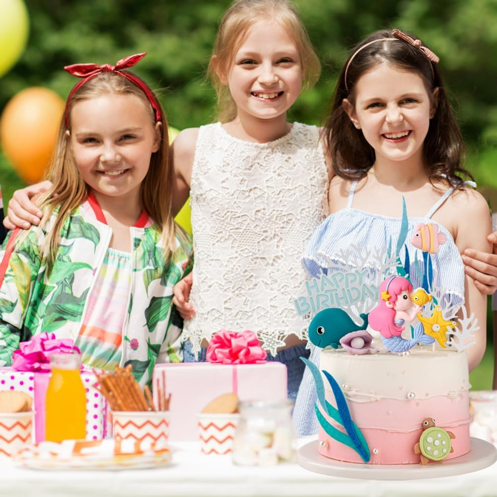 Mermaid Cake Topper Sea Cake Decorations Ocean Theme Birthday Cake Toppers Mermaid Starfish Seaweed Shells Whales Cake Toppers for Girl Kid Baby Birthday Party