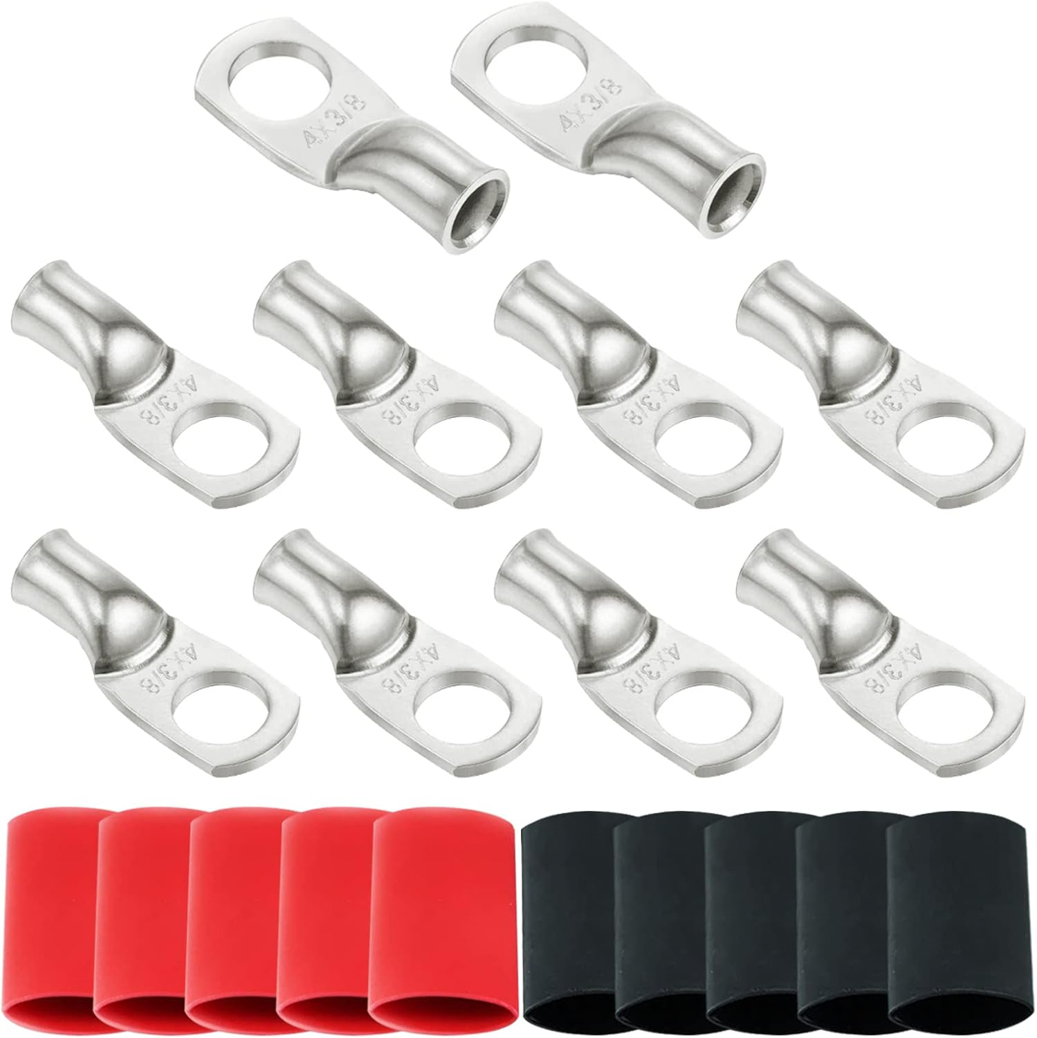 Ampper Heavy Duty Tinned Copper Wire Lugs, UL Tubular Eyelets Ring Crimp Copper Terminal Connectors W/ 10 Pcs Heat Shrink Tubing for Battery Cable Ends and More (4 Awg, 3/8" Ring, 10 Pcs) image number 5
