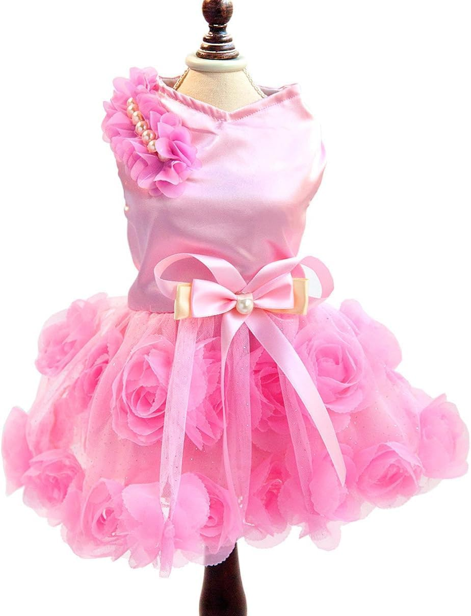 Pet Small Dog Wedding Dress with Bowknot Birthday Party Costume Satin Rose Pearls Girl Formal Dress (Pink, XXL) image number 2