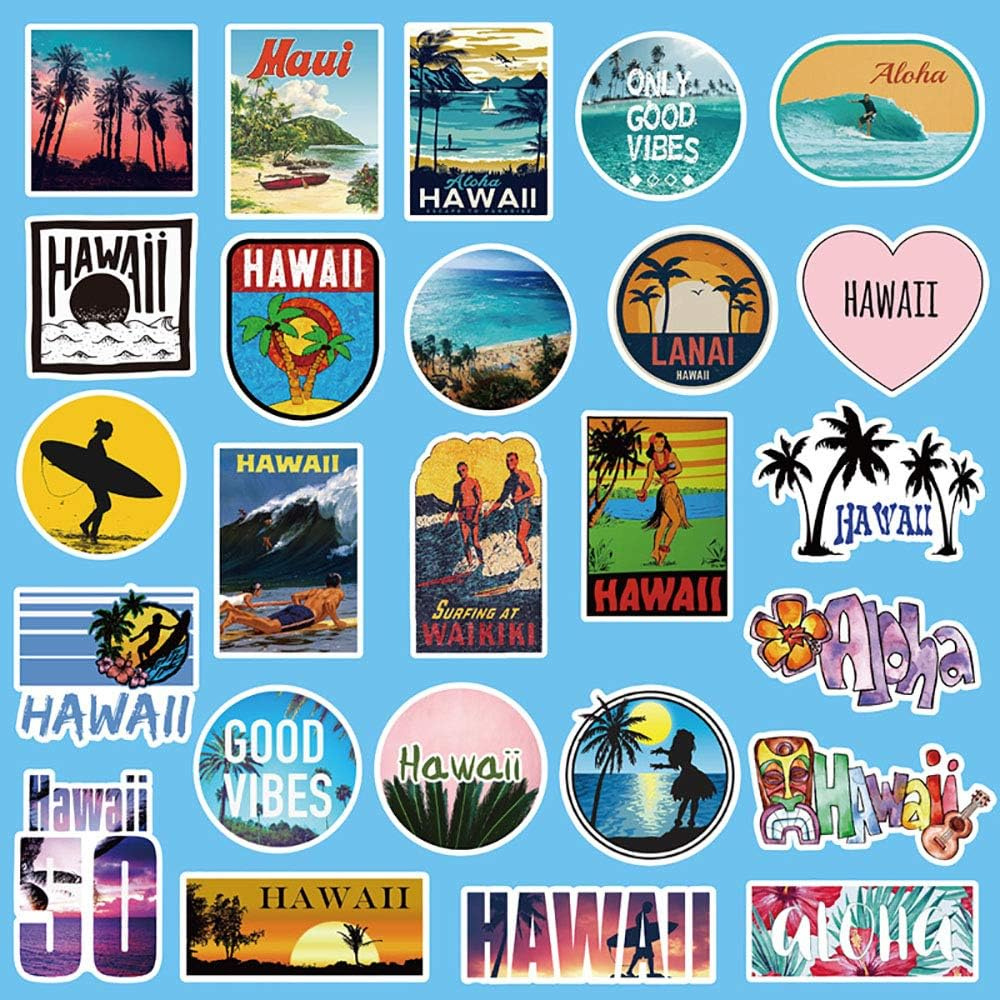 50 Pcs Cute Hawaii Surfing Waterproof Laptop Stickers, Car Vinyl Decals Anti-Sunlight for Water Bottle Bumper Motorcycle Skateboard Luggage