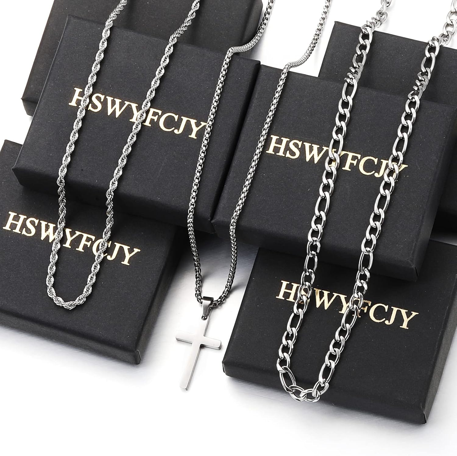 3Pcs Set Cross Necklace for Men, Mens Cross Necklace Cross Chain Layered Stainless Steel Rope Figaro Chains for Women Boys Gold Silver Black (20Inch/22Inch)
