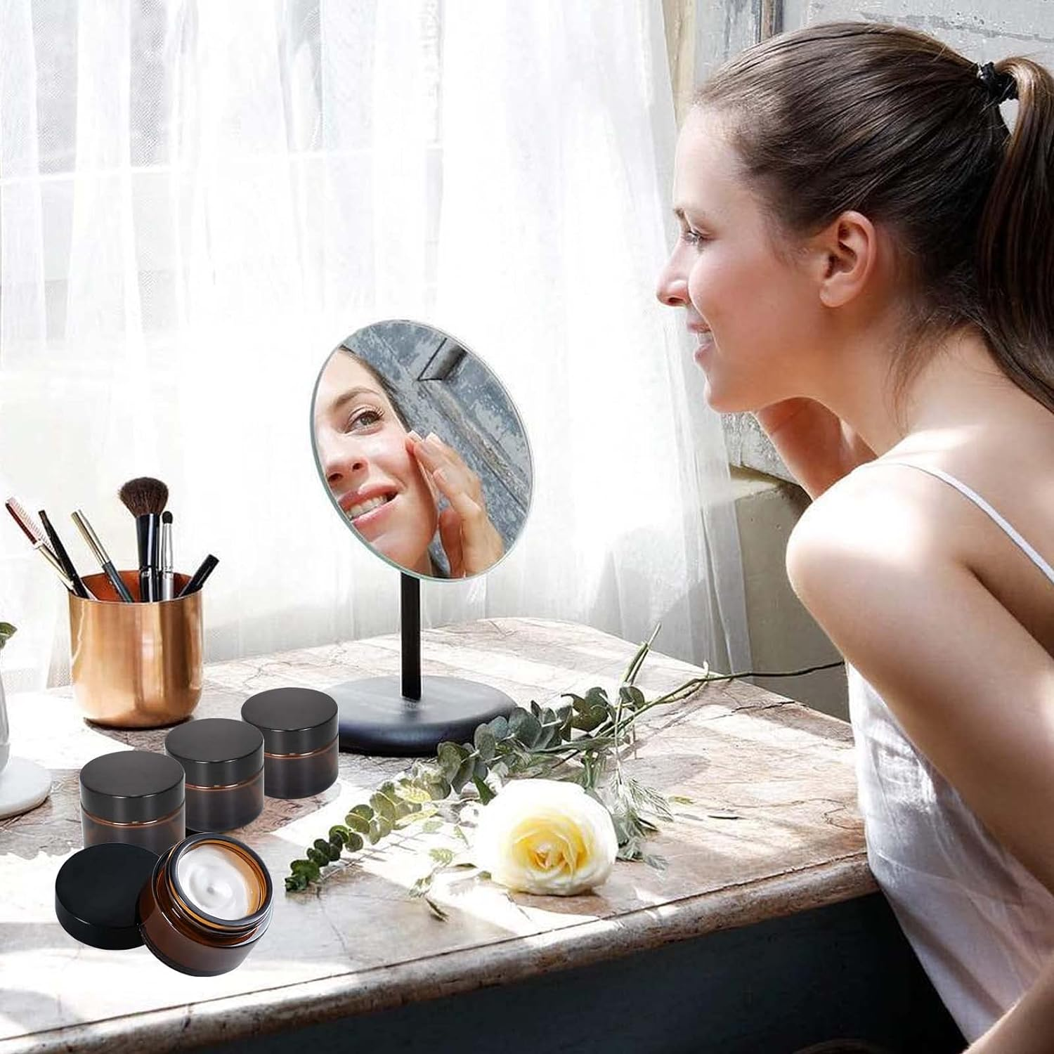 Amber Glass Empty Jar 6 Pack Jars Cream 50Ml Brown Glass Jars Empty Refillable Containers Brown Ointment Jars for Women Girls Cosmetics Creams Lotions Essential Oils Powder (50G) image number 5