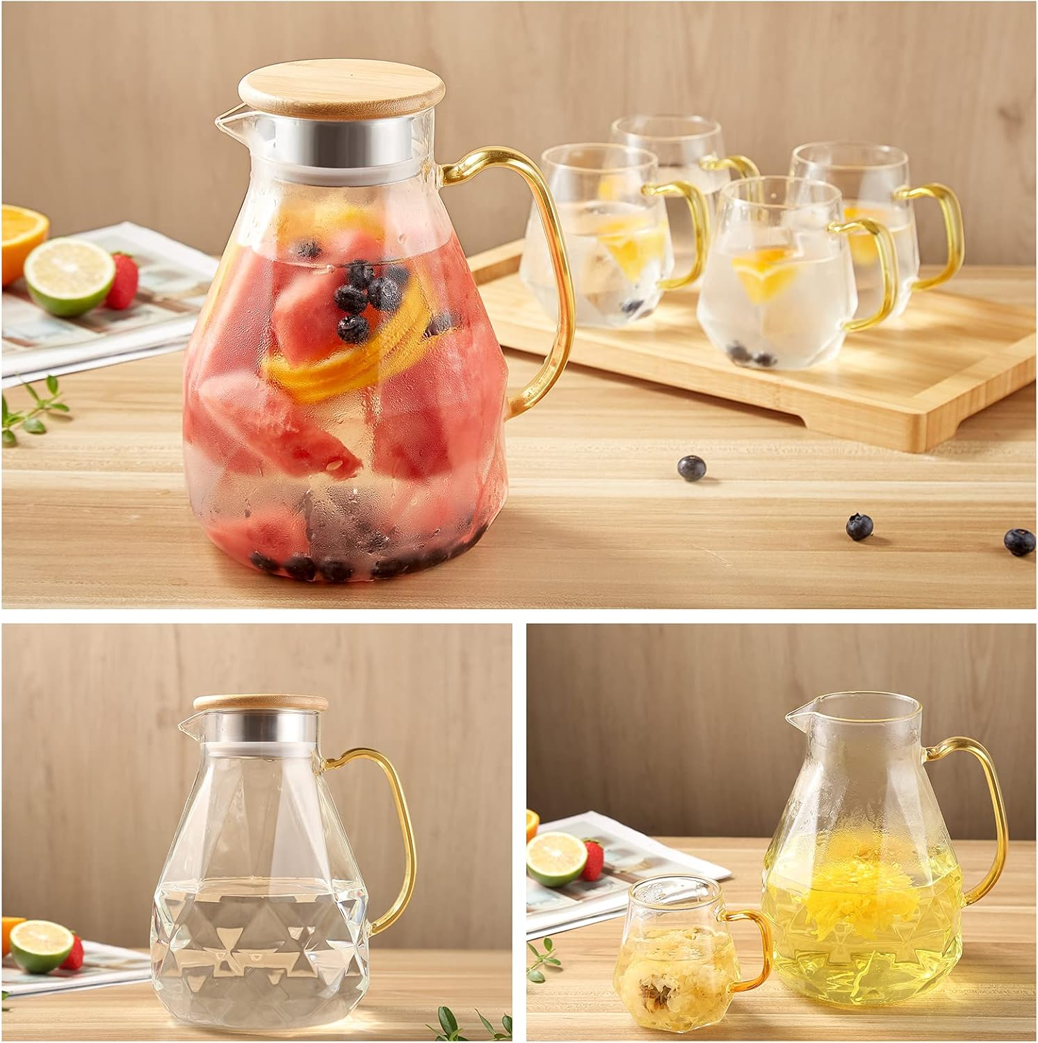 DUJUST Glass Pitcher with Lid [68 Oz], Elegant Diamond Design Water Pitcher with Handle, Decoration for Room, High Durability Water Glass Carafe for Ice Tea Maker, Beverage, Hot/Cold Coffee - 1 Glass Pitcher (Golden Lid) image number 2