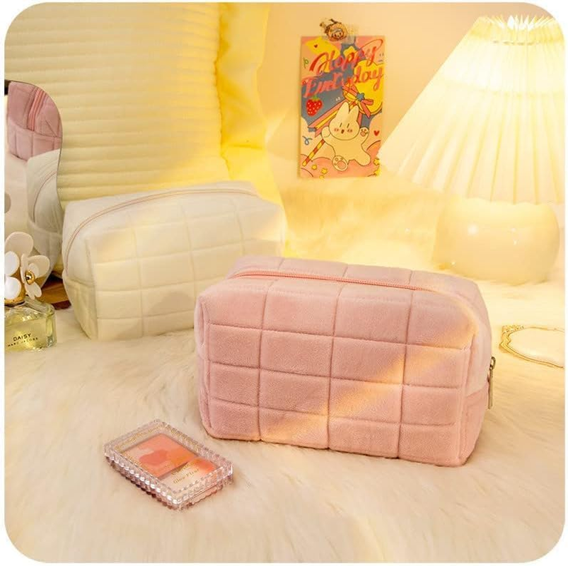 Plush Makeup Bag Cosmetic Bag for Women,Zipper Large Solid Color Travel Toiletry Bag Travel Make up Toiletry Bag Washing Pouch, Pink