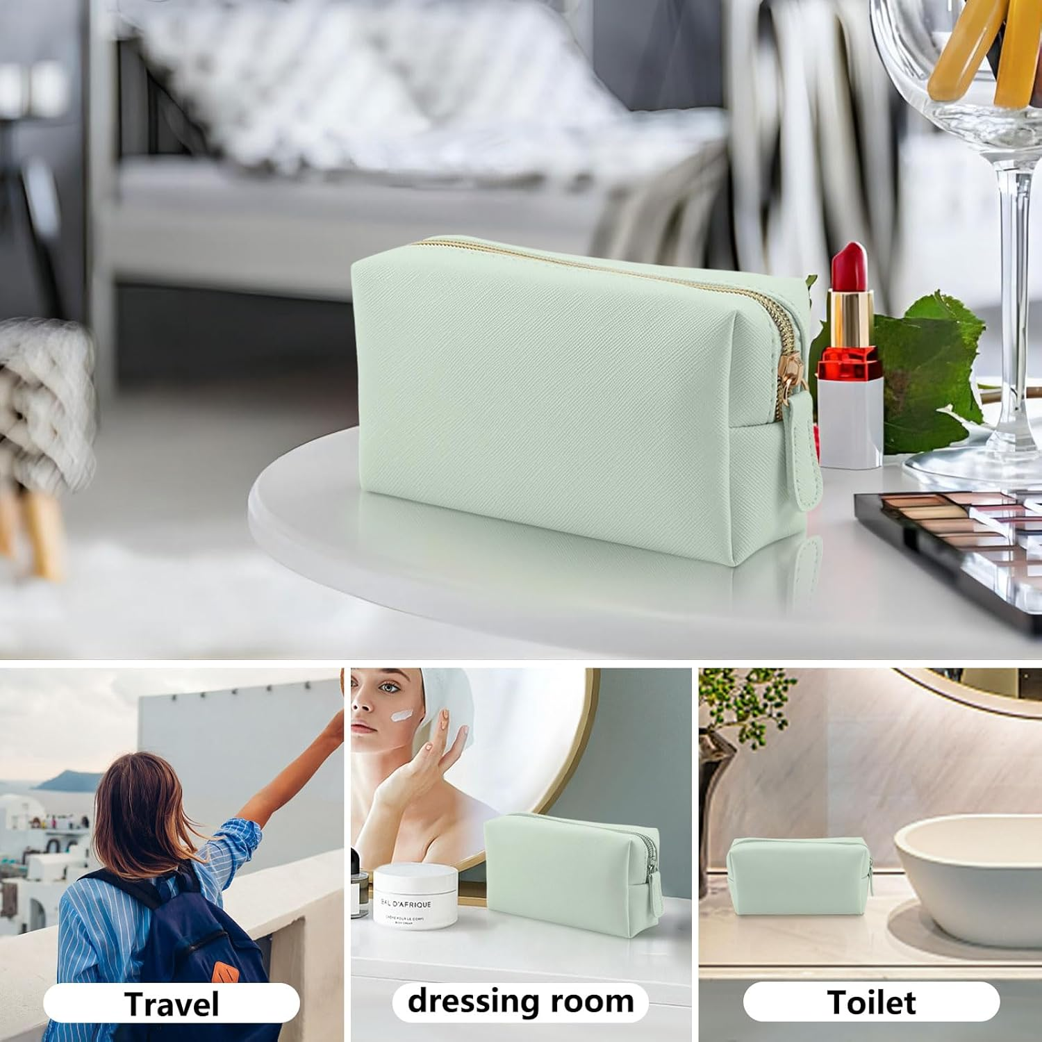 Leather Makeup Bag for Purse Travel, Portable Small Cosmetic Organizer for Women and Girls, Make up Bag with Zipper - Green image number 2