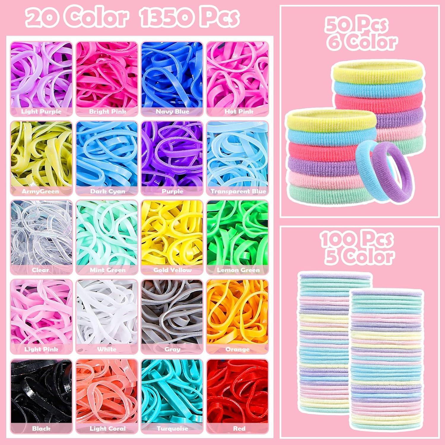 Hair Accessories Set - 1543 Pcs Elastic Bands in 20 Colors, Baby Ties, Tail Tools, Rat Tail Comb, Butterfly Clips with Organizer Box for Girls - Multicolor image number 6