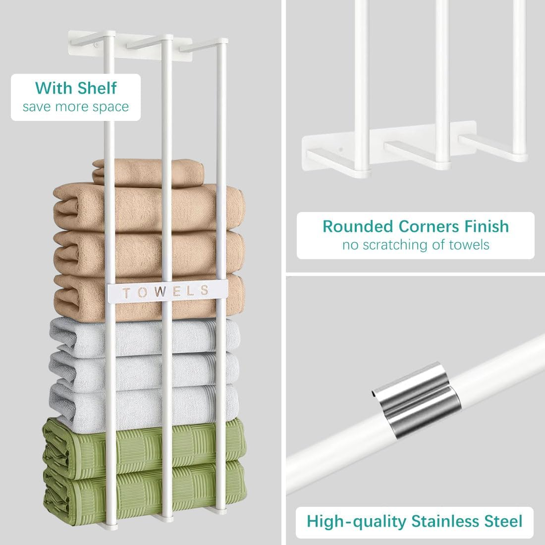 Bath Towel Bars,Towel Racks for Bathroom Wall Mounted, Towel Storage, Metal Bath Towel Holder for Folded Large Washcloths (White) image number 2