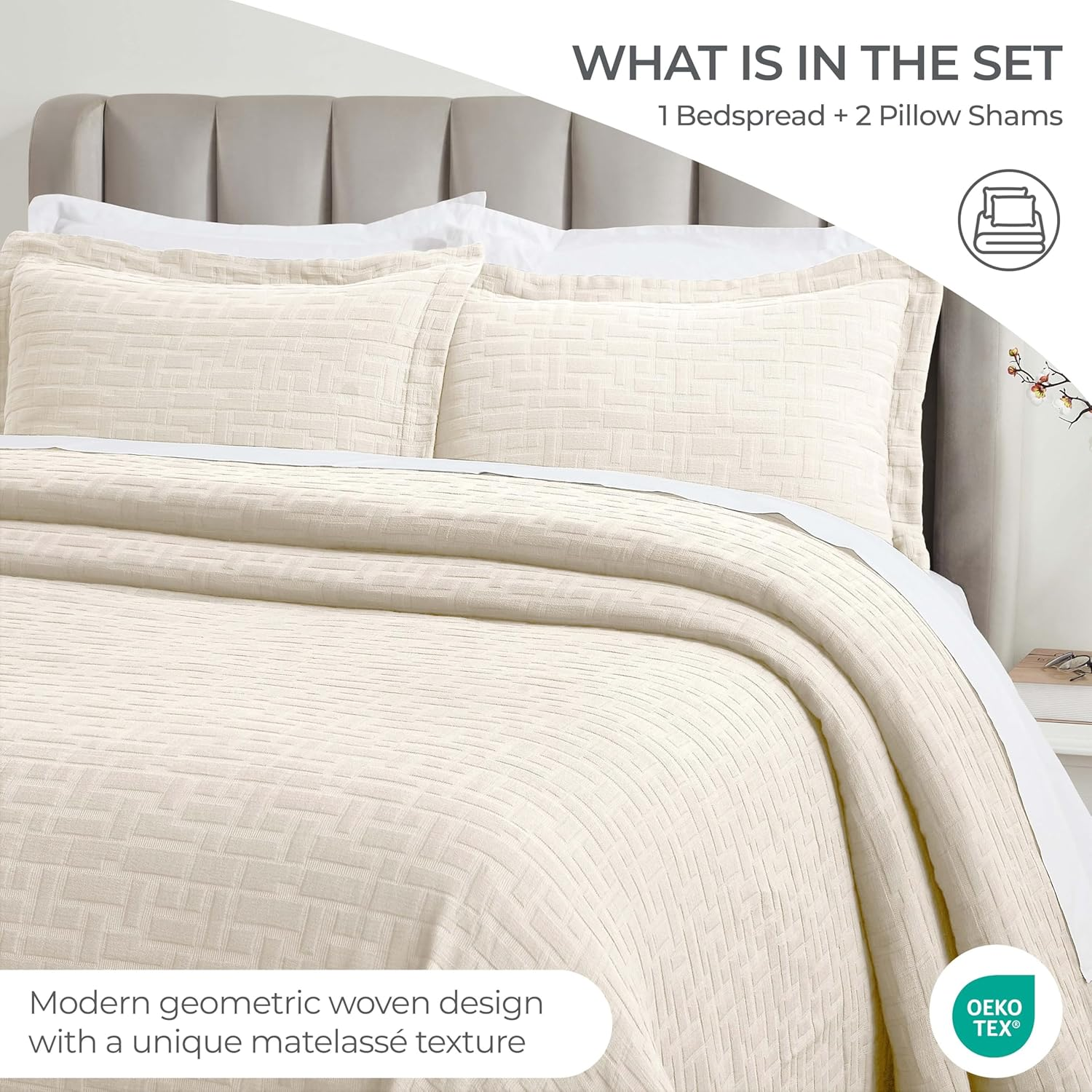 Superior 3 Piece Cotton Bedspread and Sham Set, Home Bed Decor, Decorative Bed Spread, 2 Pillow Shams, Medium Weight, Matelasse Coverlet, Bedding Essentials, Madrid Collection, California King, Ivory image number 4