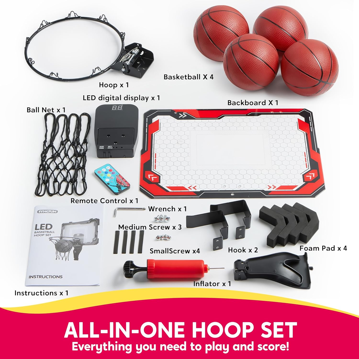 SYNCFUN Mini Indoor Basketball Hoop, Light up over the Door Basket Ball Hoop for Kids with Scoreboard, 4 Balls, Indoor Basketball, Birthday Gifts Toys for Boys Girls Ages 3+ (Red) image number 1