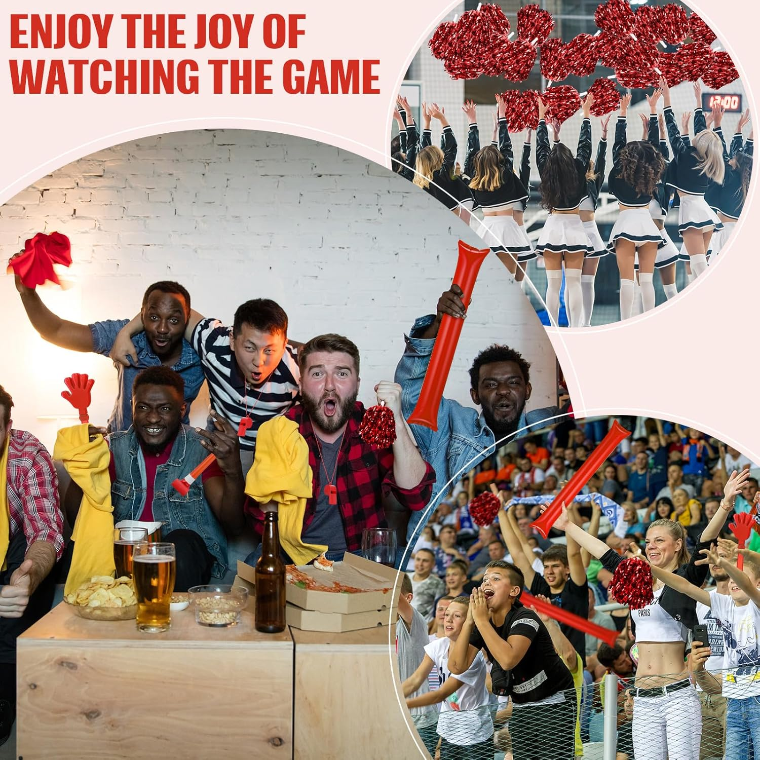 48 Pcs Cheerleading Pom Poms Thunder Sticks Hand Clappers Plastic Whistles with Lanyards Squawker Horns - Biue image number 6