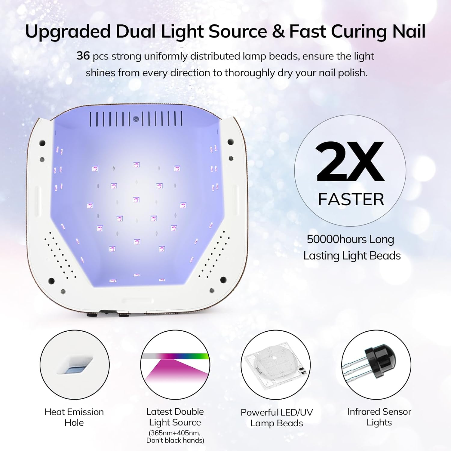 Lavinda UV LED Nail Lamp for Gel Nails, Cordless Rechargeable Nail Light with 4 Timer Settings, Touch LCD Display, Removable Base, 54W Professional Nail Dryer for Salon Home Use Diamond Design image number 5