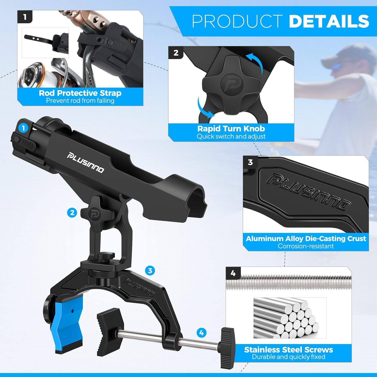 PLUSINNO Fishing Rod Holders for Boat, Upgraded Fishing Rod Holder with Enlarge Clamp, Innovative Dual-V Shaped Design, Fit Round/Square Tube Boat Fishing, Fishing Gear, Fishing Gifts for Men