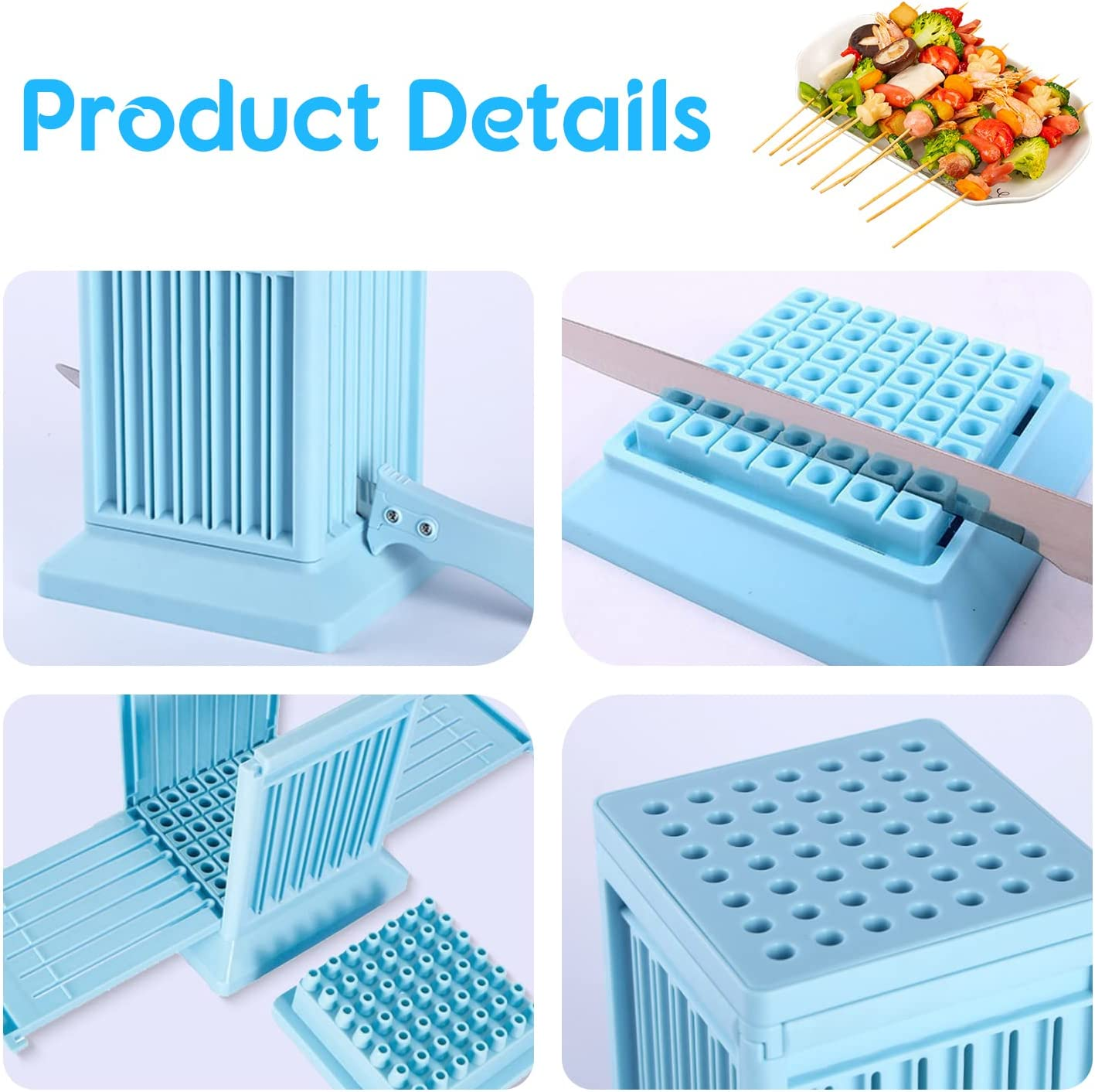 Hapivida 49 Holes Barbecue Skewers Maker, Kebab Making Box Grill Meat Slicers BBQ Skewer Tool, Brochette Maker Kit for Kitchen Outdoor Blue