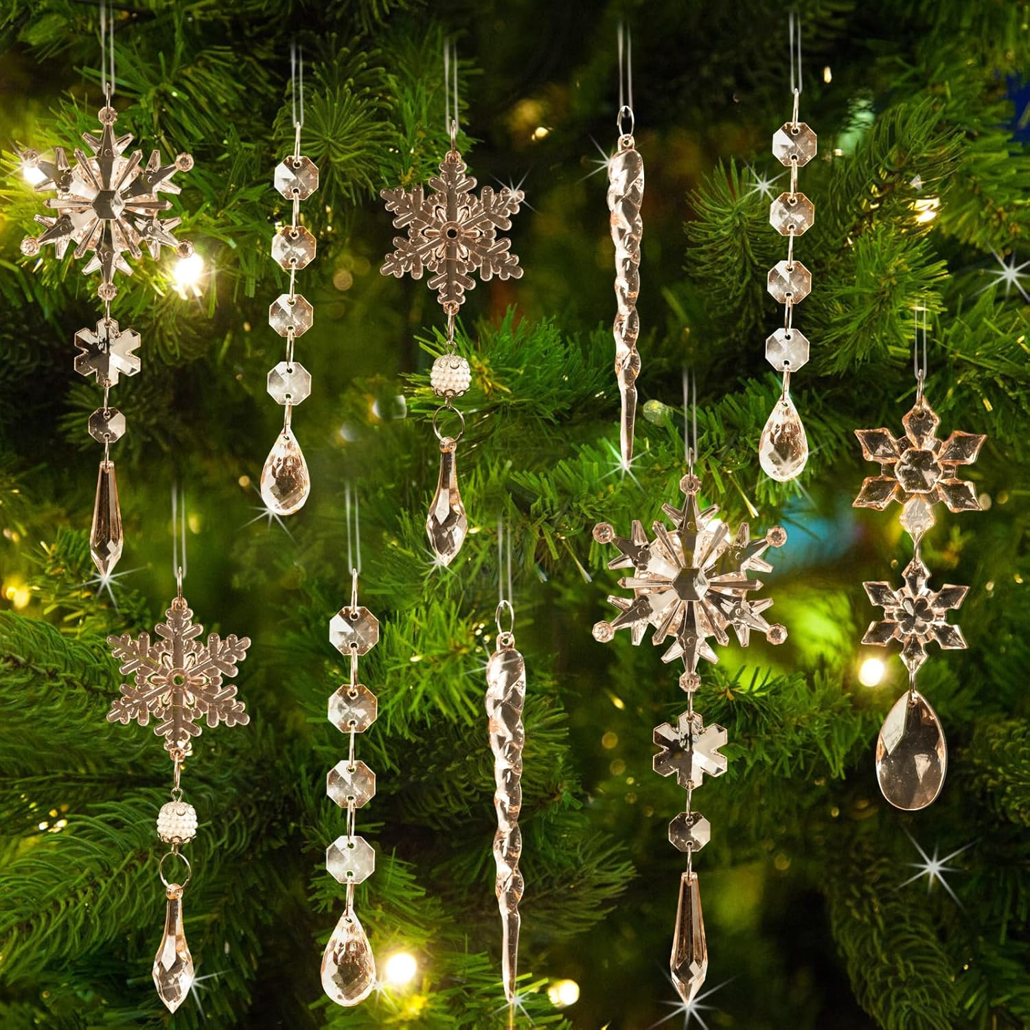 18Pcs Crystal Christmas Ornaments for Christmas Tree Decorations-Champagne Hanging Acrylic Snowflake and Icicle Ornaments with Drop Pendants for New Year Party Decorations Supplies