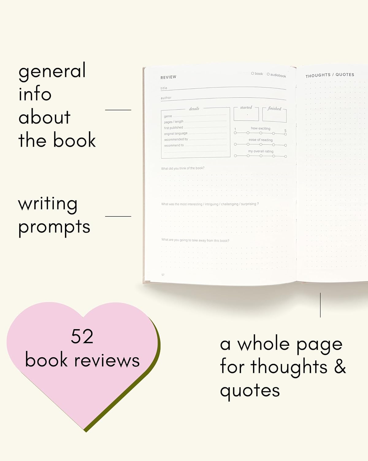 KUNITSA CO. Reading Journal. Book Journal for Book Lovers & Readers. Review and Track Your Reading (Green) - 52 Book Reviews - Beige image number 5