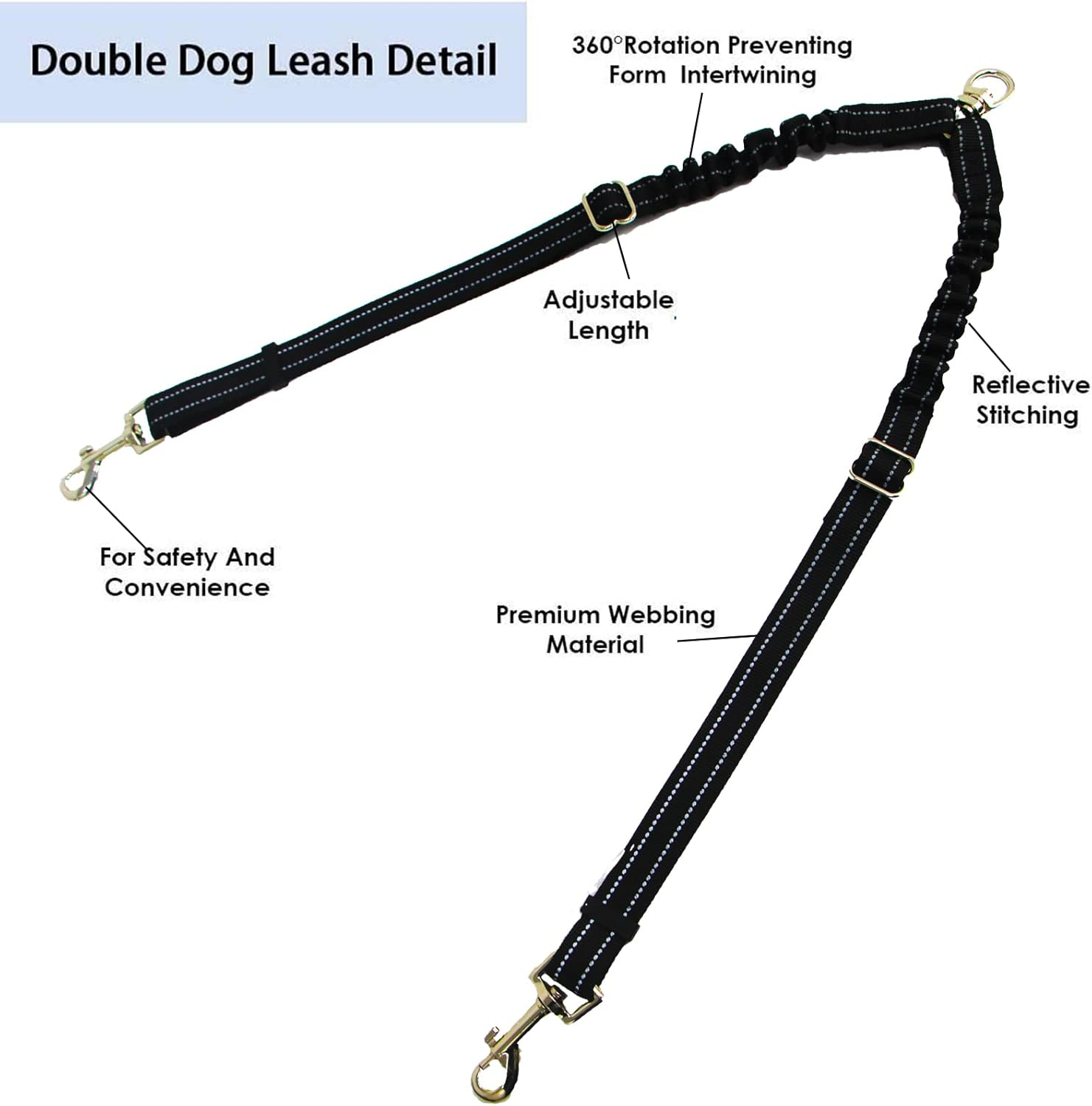 Double Dog Lead Coupler, No Tangle 360&deg;Swivel Rotation Two 2 Dog Lead Splitter, Heavy Duty Adjustable Bungee Reflective Dual Dog Leash for Walking Medium Large Dog (Black-Small) image number 1