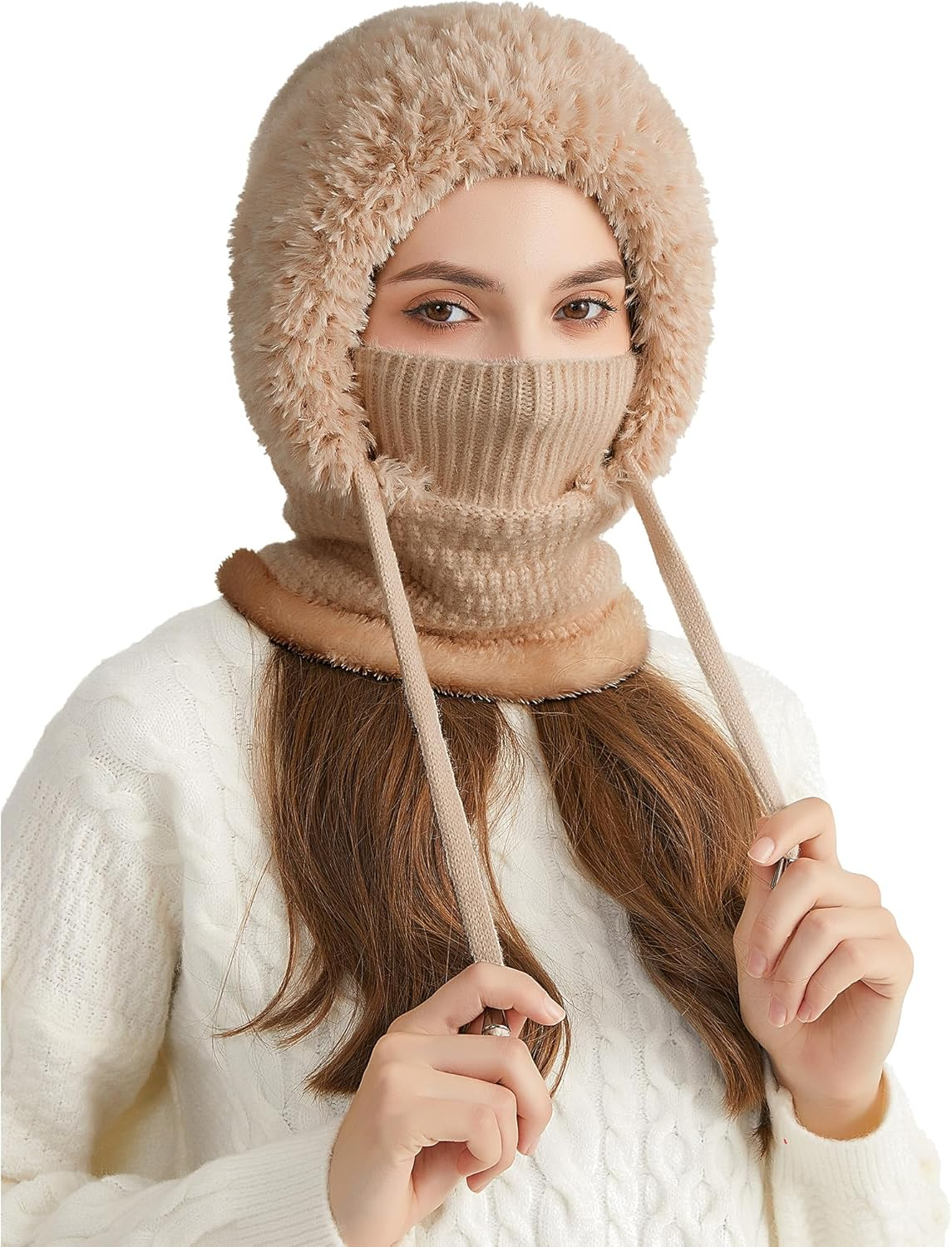 KEOYA Women'S Knit One-Piece Hat with Scarf Elastic Face Mask Fleece Balaclava with Drawstring Winter Warm Ski Beanie Cap