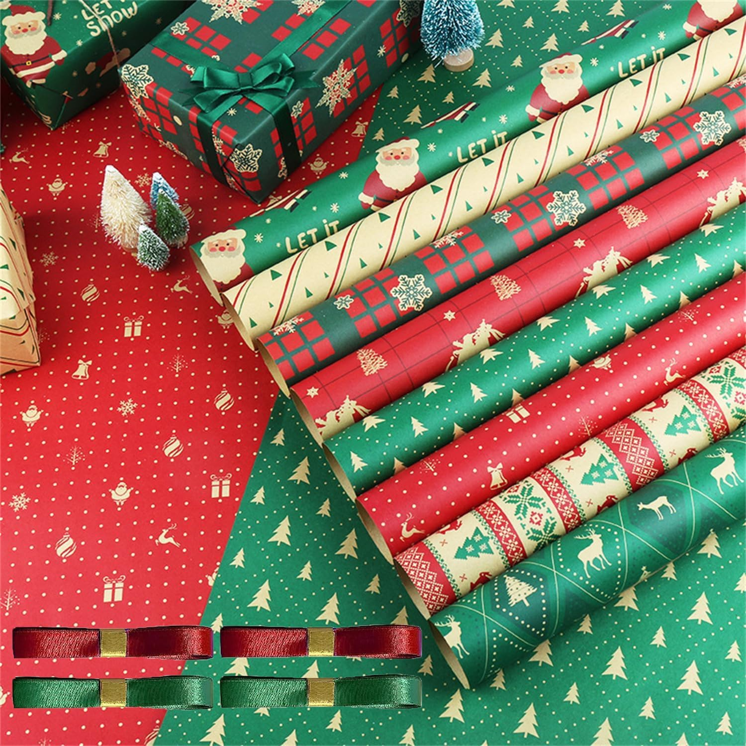 Gift Wrapping Paper, 8PCS Wrapping Kraft Paper+8Mtape+4Roll Ribbons Artware Kraft Packing Paper for Christmas, Bridal Showers, Baby Showers, Birthdays, Friendsmas and More