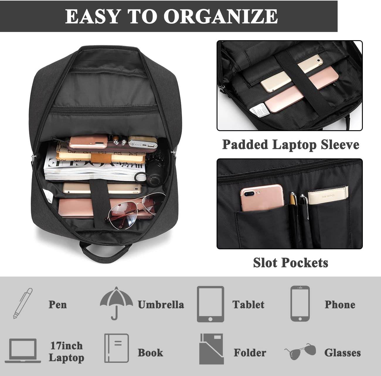 Laptop Backpack for Men Women, VASCHY Lightweight Business Backpack Fits 15.6-17 Inch Laptop College School Computer Bag for Work Travel Rucksack with USB Charging Port Black - Black image number 2