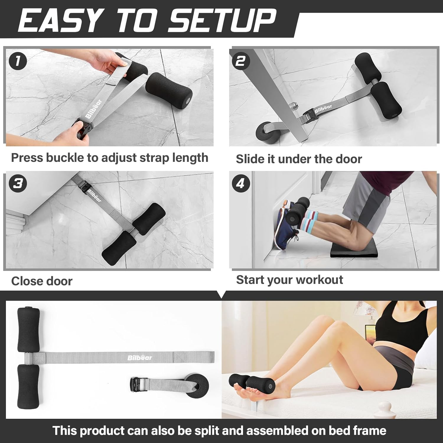 Bilbear Adjustable Nordic Hamstring Curl Strap with Kneeling Mat,Portable Nordic Strap for Hamstring Curls,Hamstring Stretch,Crunch,Sit-Ups,Nordic Curl Machine at Home,Withstand 400Lbs image number 6