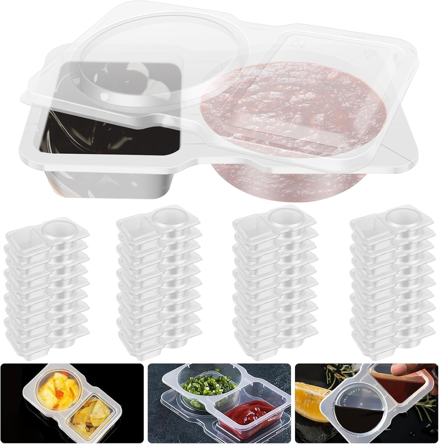 40PCS Double Compartment Condiment Container with Lids, Leak-Proof Compartment Snack Containers, 2 Compartment Snack and Dip Container Reusable Double Condiment Containers
