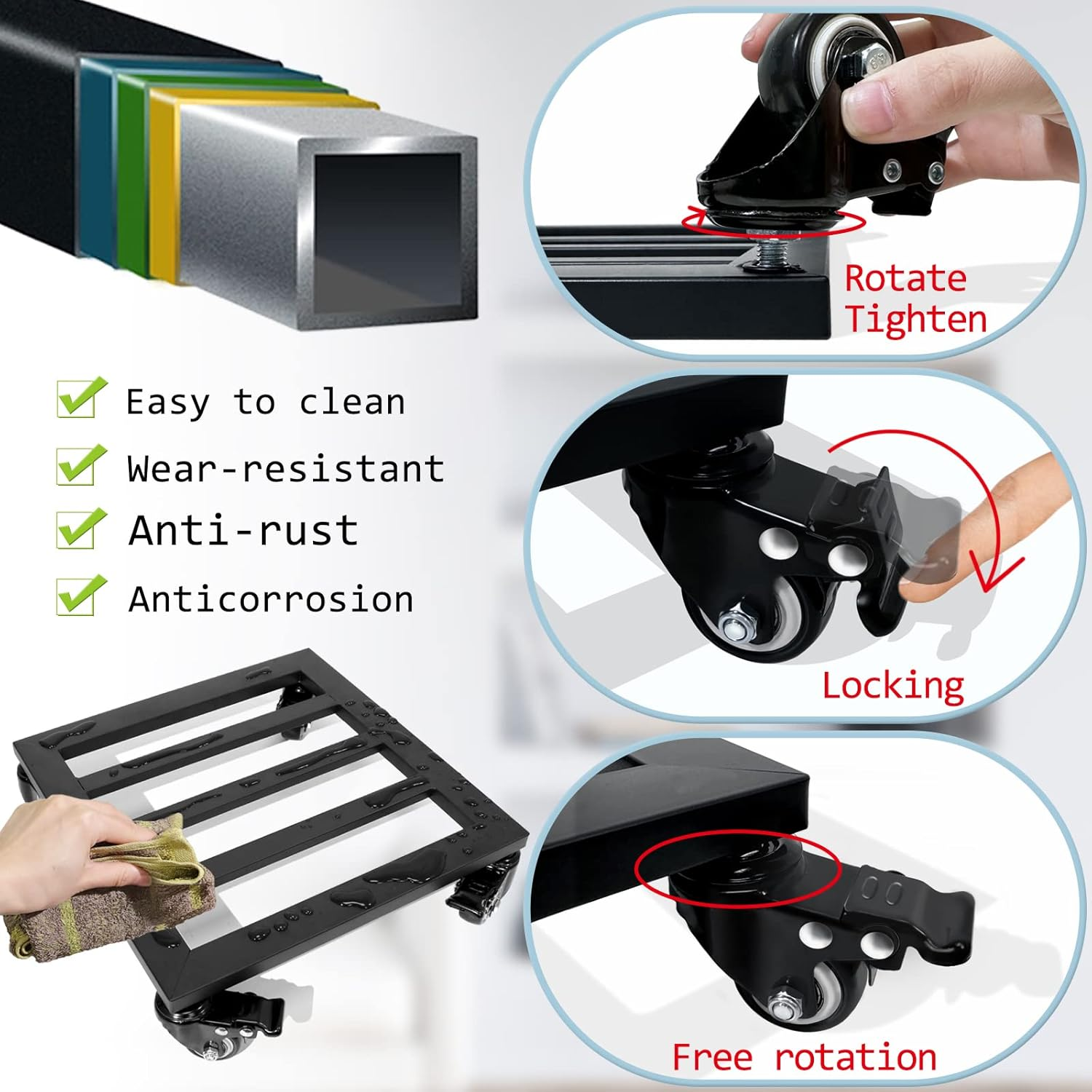 Plant Caddy with Wheels, 2 Pack 12 Inch Plant Stand with Wheels Metal Square Plant Dolly with Lockable Caster Wheels Heavy Duty Plant Dolly Base for Indoor Outdoor Holds up 380 Lbs Pots Planter, Black