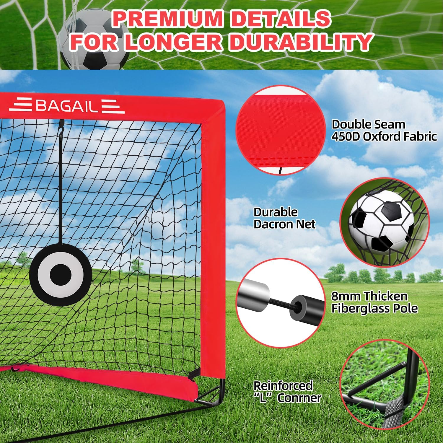 BAGAIL Football Goal, Pop up Football Net with Goal, Pegs and Portable Carry Bag, Easy to Assemble, Ideal for Garden Training and Leisure Games image number 3