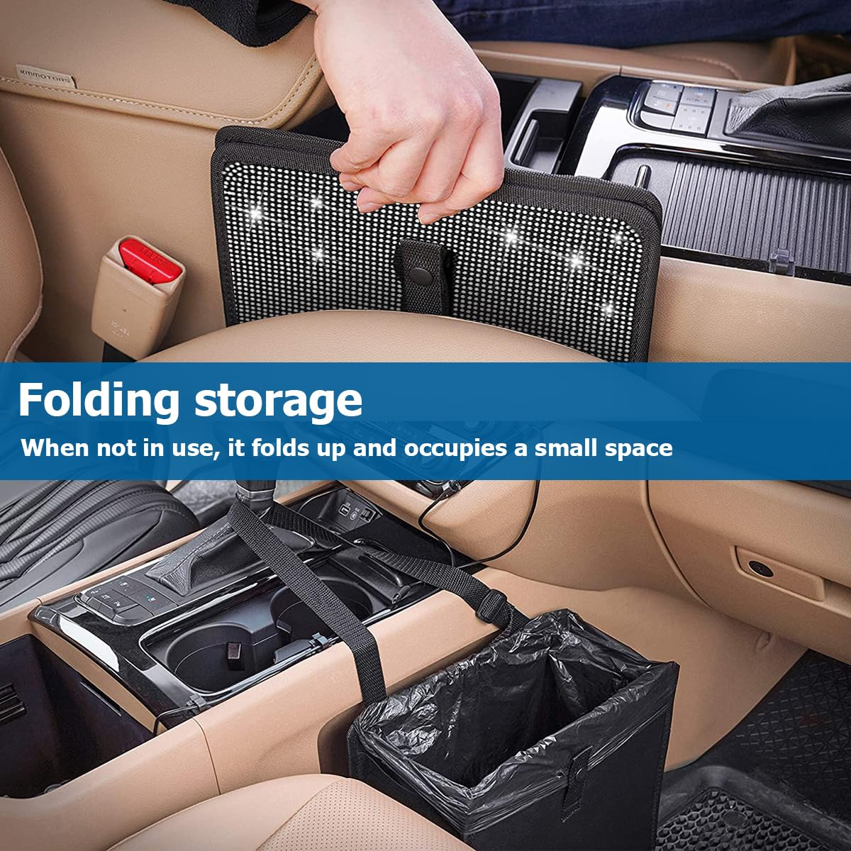 BELOMI Car Foldable Trash Can, Bling Rhinestone Crystal Auto Hanging Waterproof Leakproof Garbage Bin, Vehicle Waste Basket Dustbin, Multipurpose Car Organizer Accessories for SUV Truck RV (Black) - Black image number 4