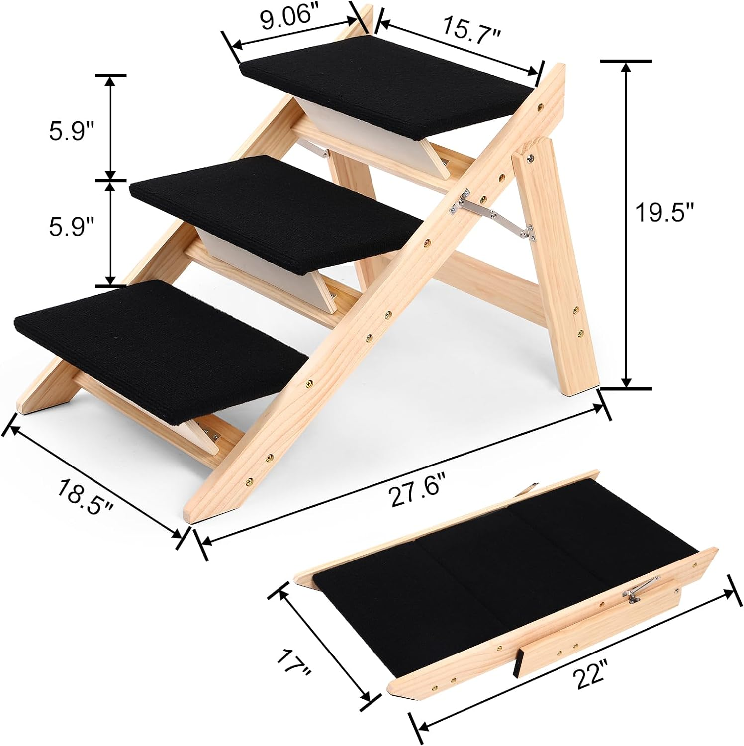 Pet Stairs/Steps, 2-In-1 Foldable Wood Dog Stairs with Non-Slip Pads for High Beds, Sofa, Couch, Car, Durable Portable Cat Ladder up to 150 Lbs, 3 Steps image number 2