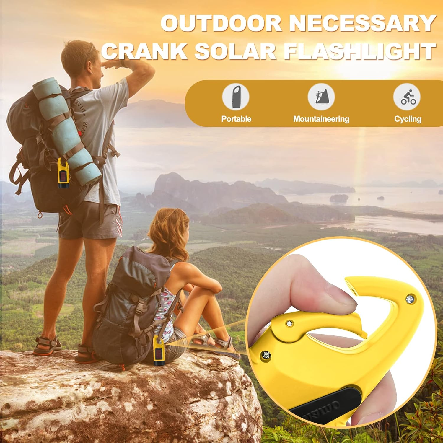 2-Pack Wind up Torch, LED Super Bright Hand Crank Torch, Solar Dynamo Portable Camping & Emergency Flashlight with Carabiner Hook image number 5