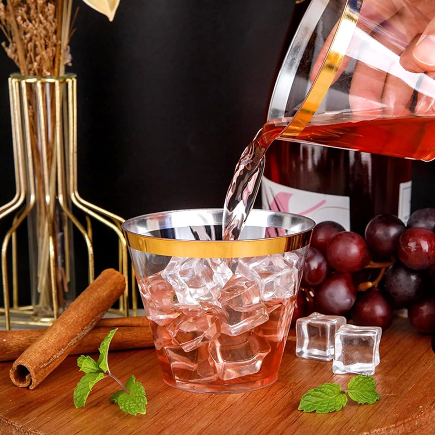 100 Pcs Plastic Cups,Reusable Drinking Cups with Glod Trim,270 Ml Elegant Party Wine Glasses Tumblers Shot Cups Party Cups Plastic for Home Decoration Party Wedding Birthday Camping(9 OZ) image number 2