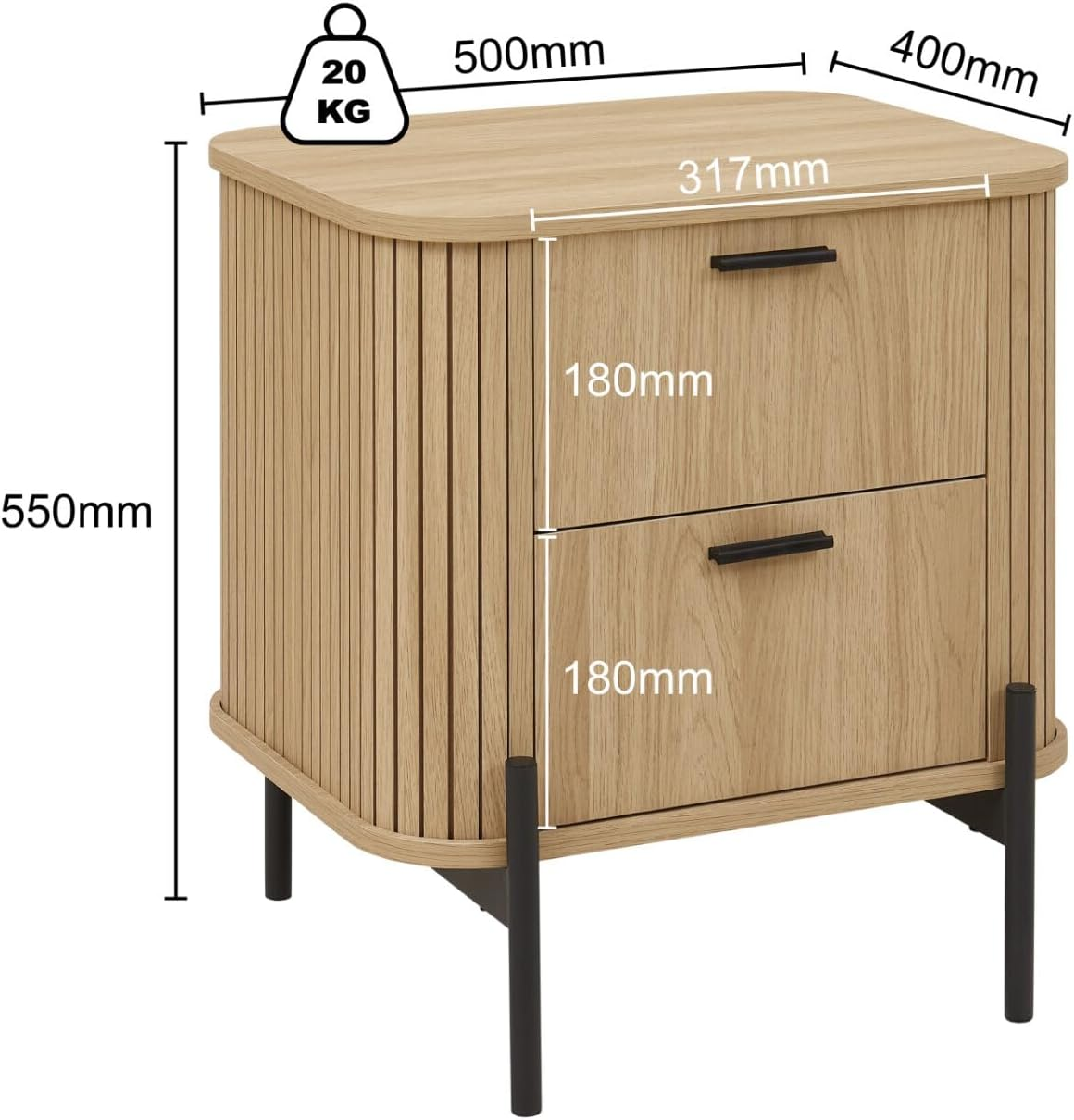 Merryluk Fluted Bedside Table with 2 Drawers Dresser, Modern Wood Chest of Bedside Table with Curved Profile, Fluted Dresser & Wood Drawer Organizer for Bedroom image number 1