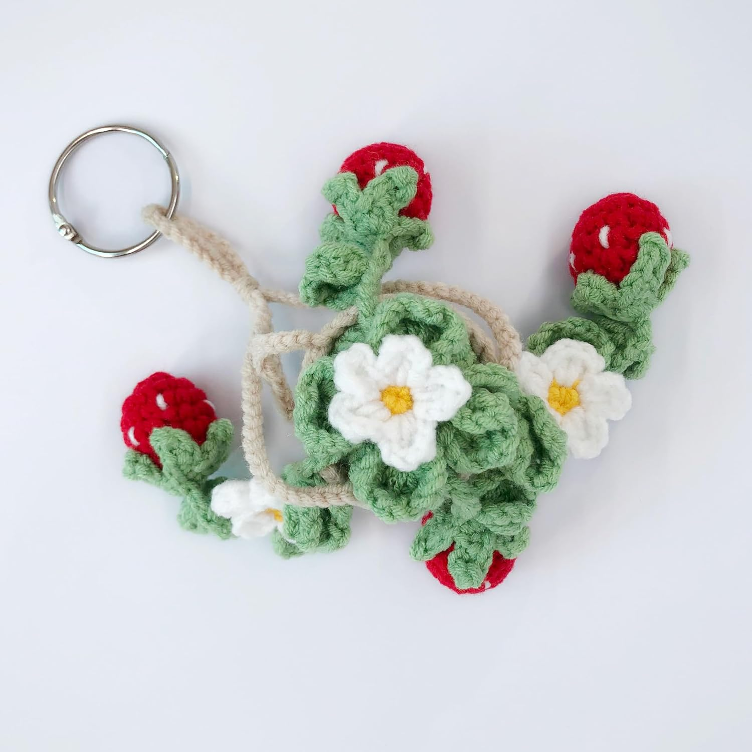 Cute Crochet Daisy Strawberry Hanging Plant for Car Accessories, Aesthetic Decor Rear View Mirror Hanging Ornament for Women and Men, Handmade Cute Car Interior Decor Accessories Gift image number 5