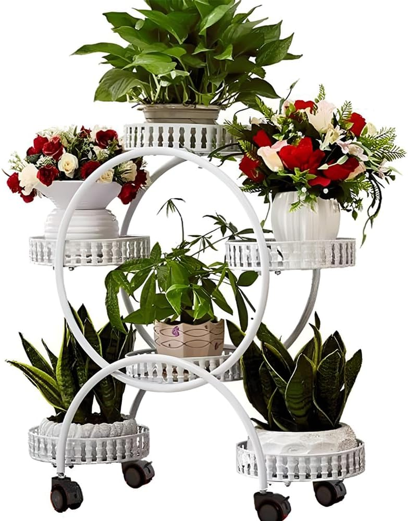Metal Planter, Flower Stand, Creative Metal Plant Display Stand with Wheels and 1 Set of Gardening Tools, Suitable for Study Balcony Living Room and Bedroom, White, 52*80Cm image number 2