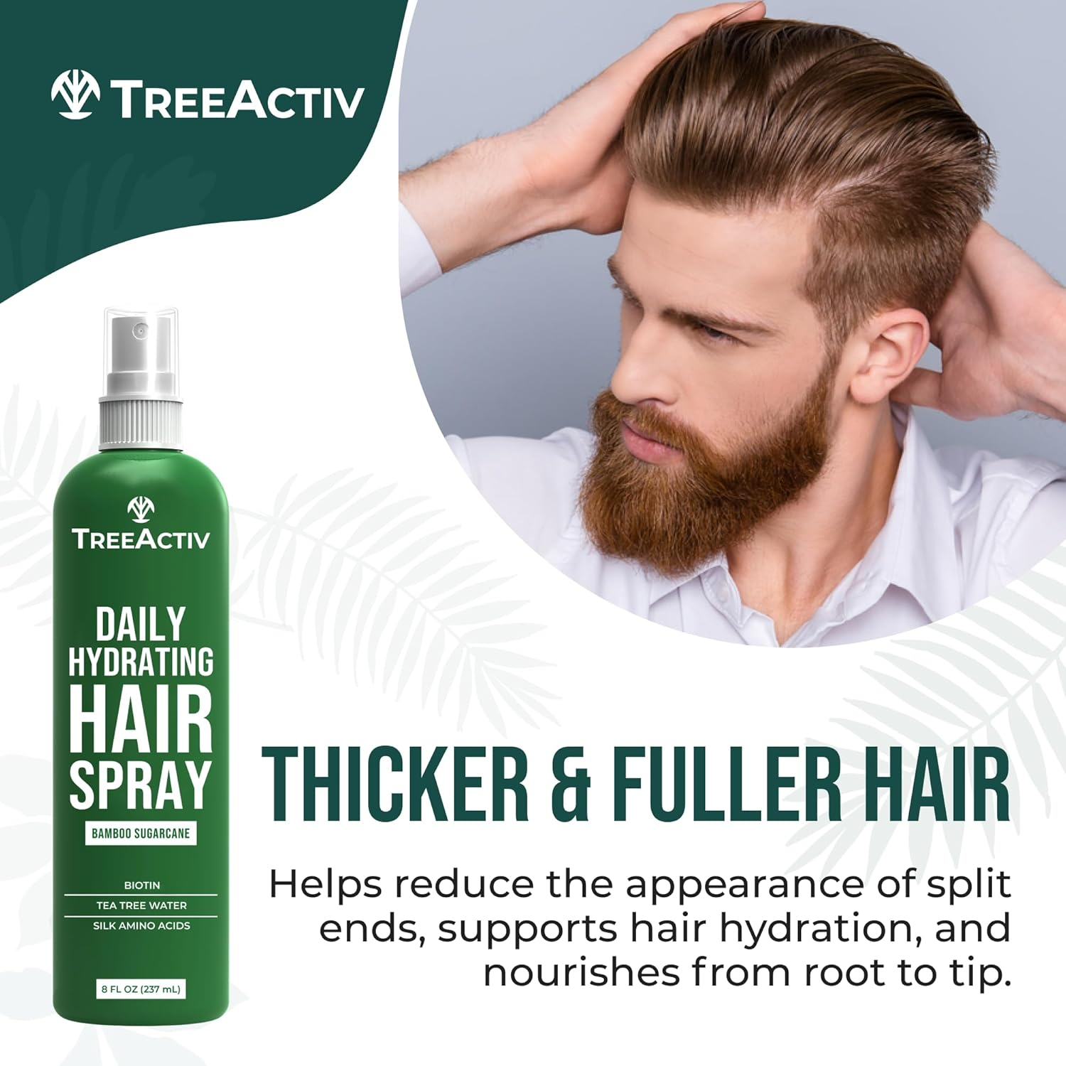 Treeactiv Hair Growth Daily Nourishing Spray Natural Leave in Conditioner anti Frizz Reduce Curly Frizzy Hair Argan Oil Biotin Keratin Silk Aminos Tea Tree (Bamboo Sugarcane) image number 6