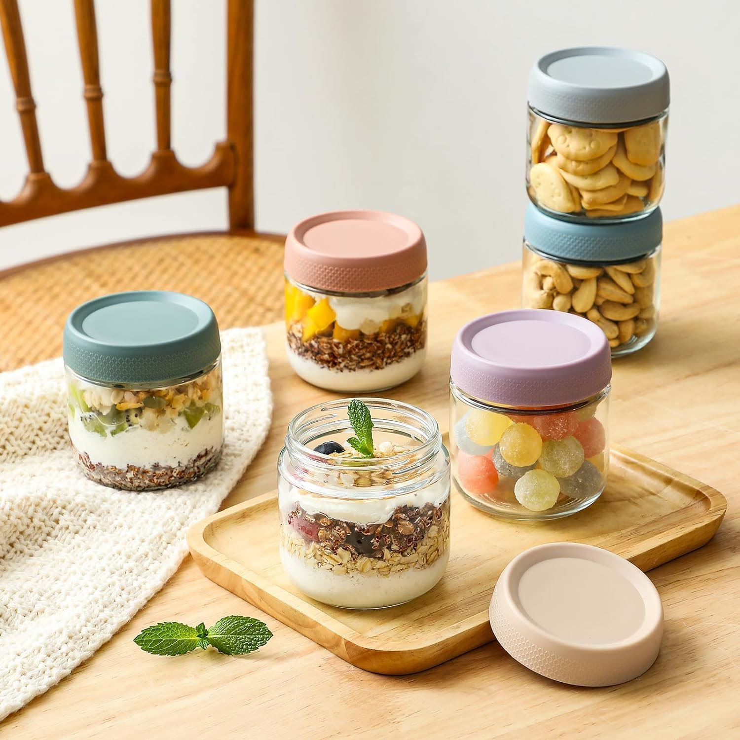 6 Pack Overnight Oats Containers with Lids,Reusable Glass Jars with Airtight Lids Wide Mouth Mason Salad Jar Meal Prep Jar for Overnight Oats, Cereal,Yogurt,Salad(10Oz/350Ml) image number 5