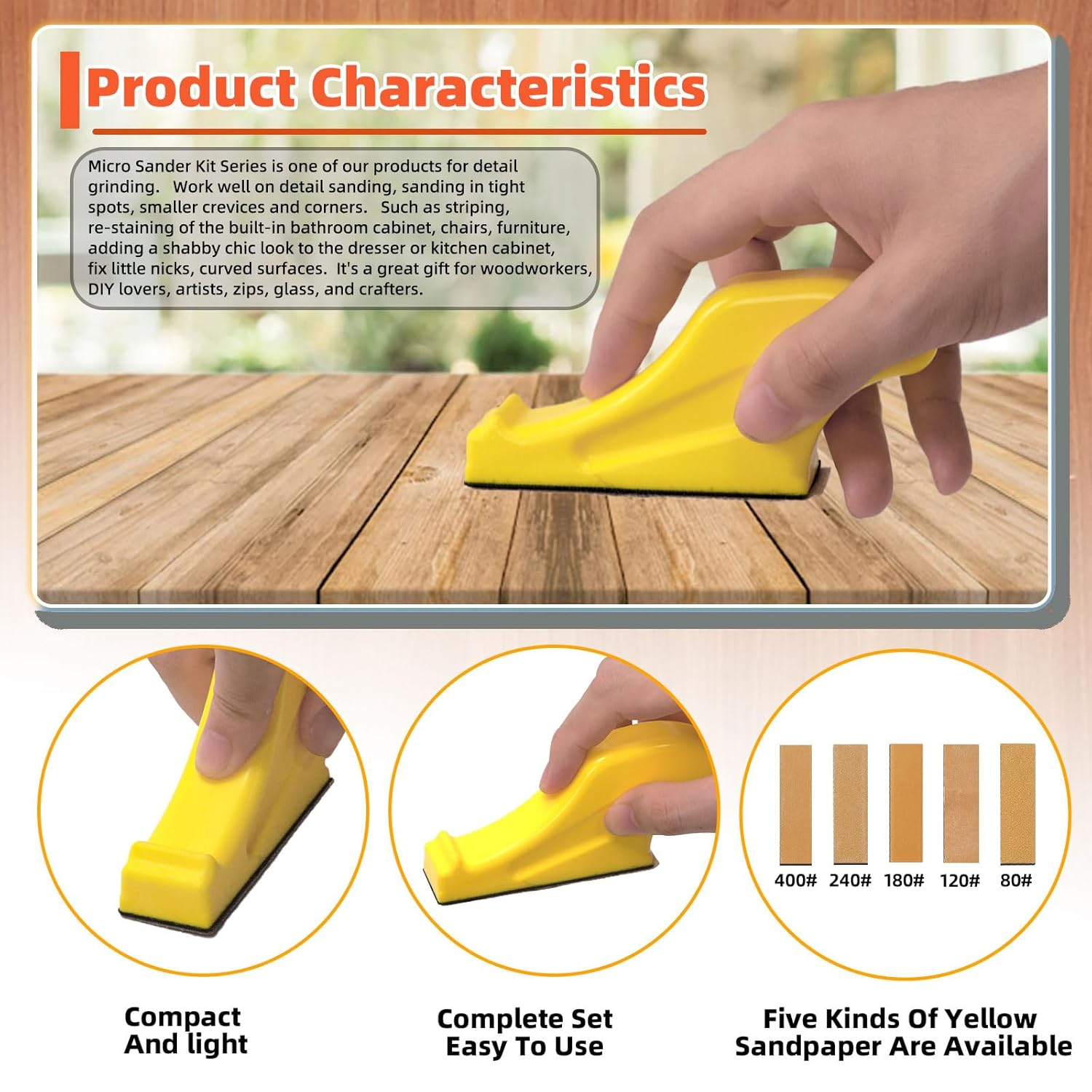 Tanstic 101Pcs Micro Sander Kit, 3.5" X 1" Mini Sander with Hook and Loop Sandpaper-Grit 80 120 180 240 400, Micro Detail Sander Detail Handle Sanding Tools for DIY Crafts, Wood, Small Projects