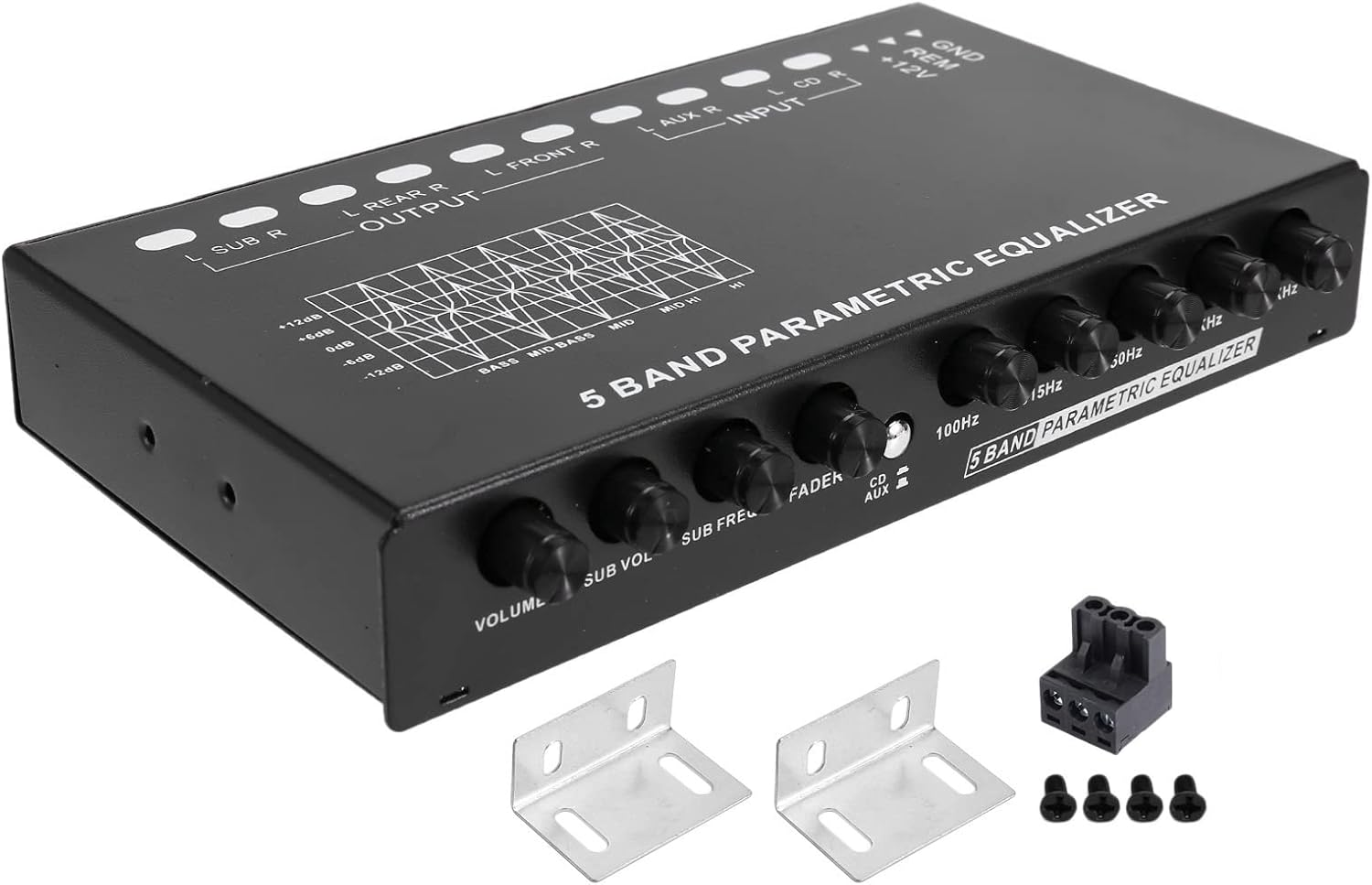 MOUNAY 5-Band Car Audio Equalizer, Adjustable 5 Bands EQ Car Amplifier Graphic Equalizer with CD/AUX Input Select Switch,Black image number 2