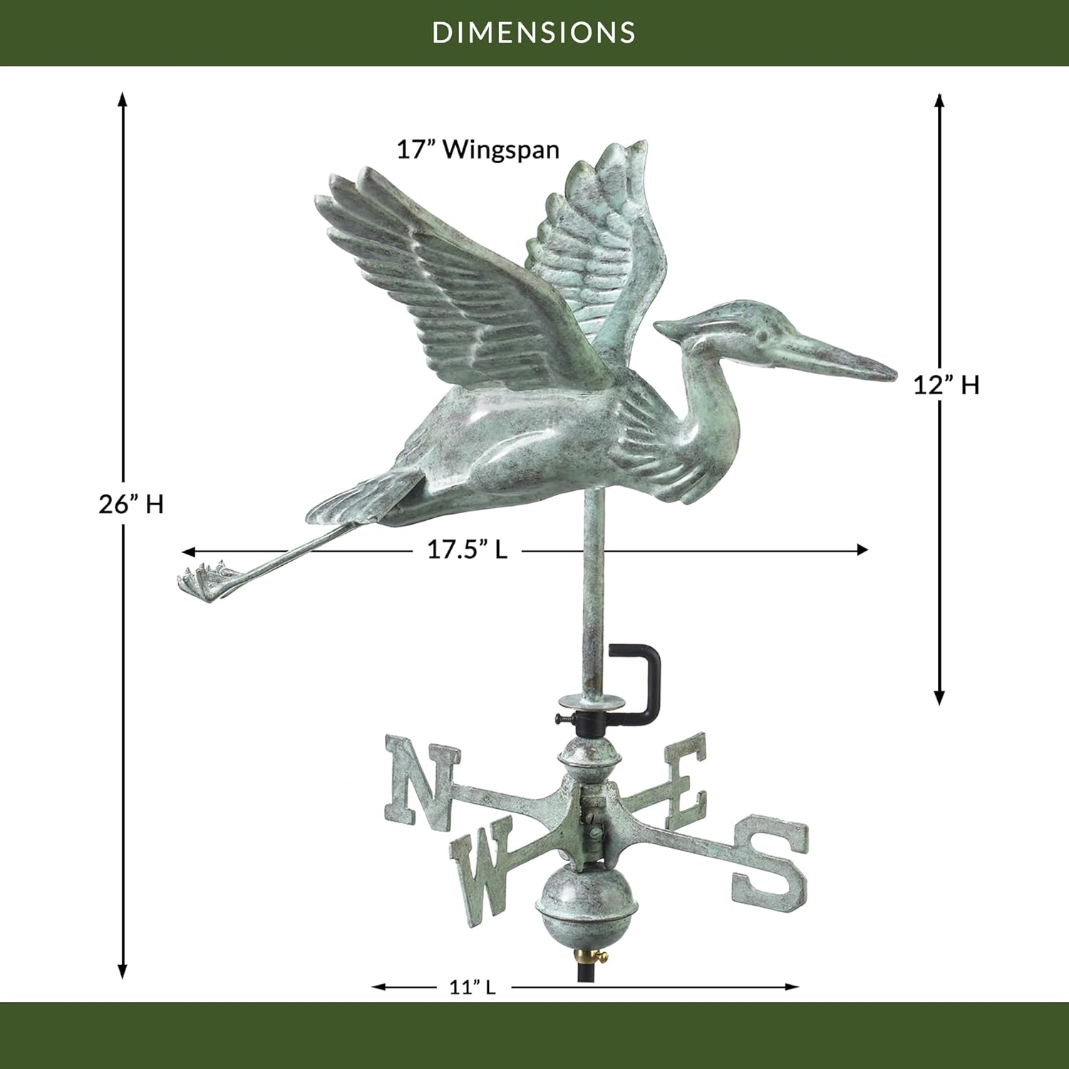 Good Directions Blue Heron Cottage Weathervane, Includes Roof Mount, Blue Verde Copper, Patina image number 5